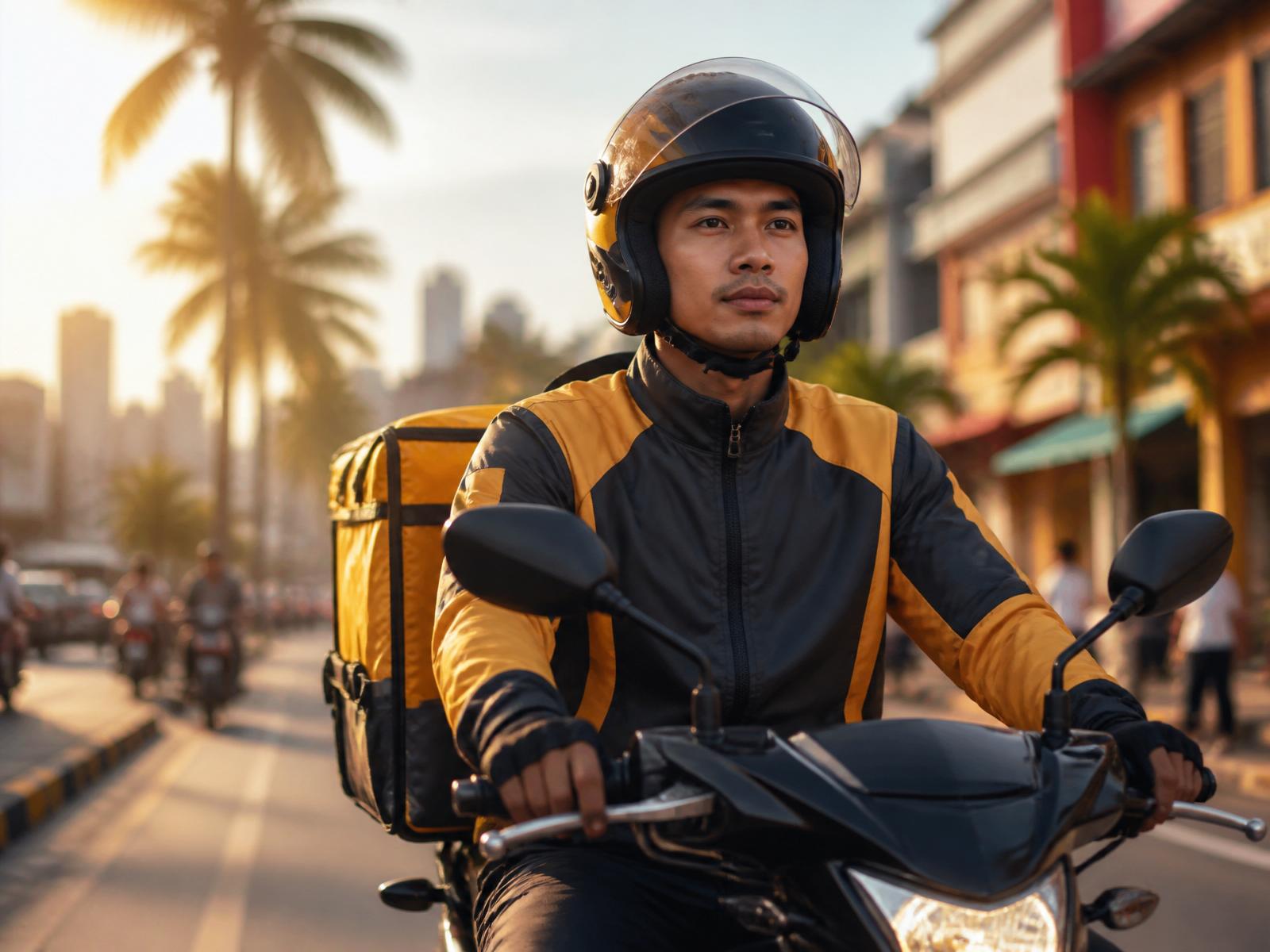 RushOrder PH rider delivering an order along a sunlit Manila street